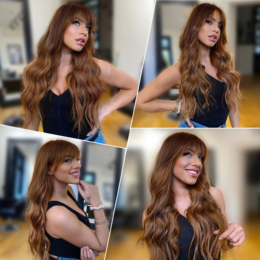 Lativ Ombre Blonde Brown Wig with Bangs Long Wavy Curly Wig with Brown End