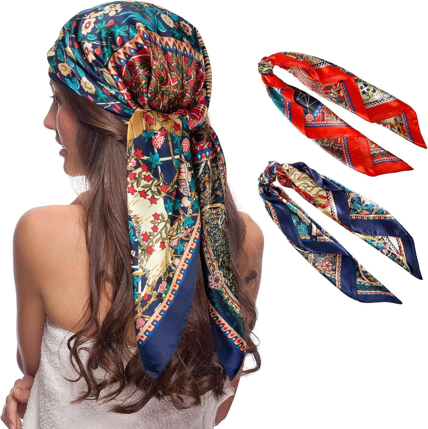 Senker Fashion 2Pcs 35" Silk Head Scarf for Women