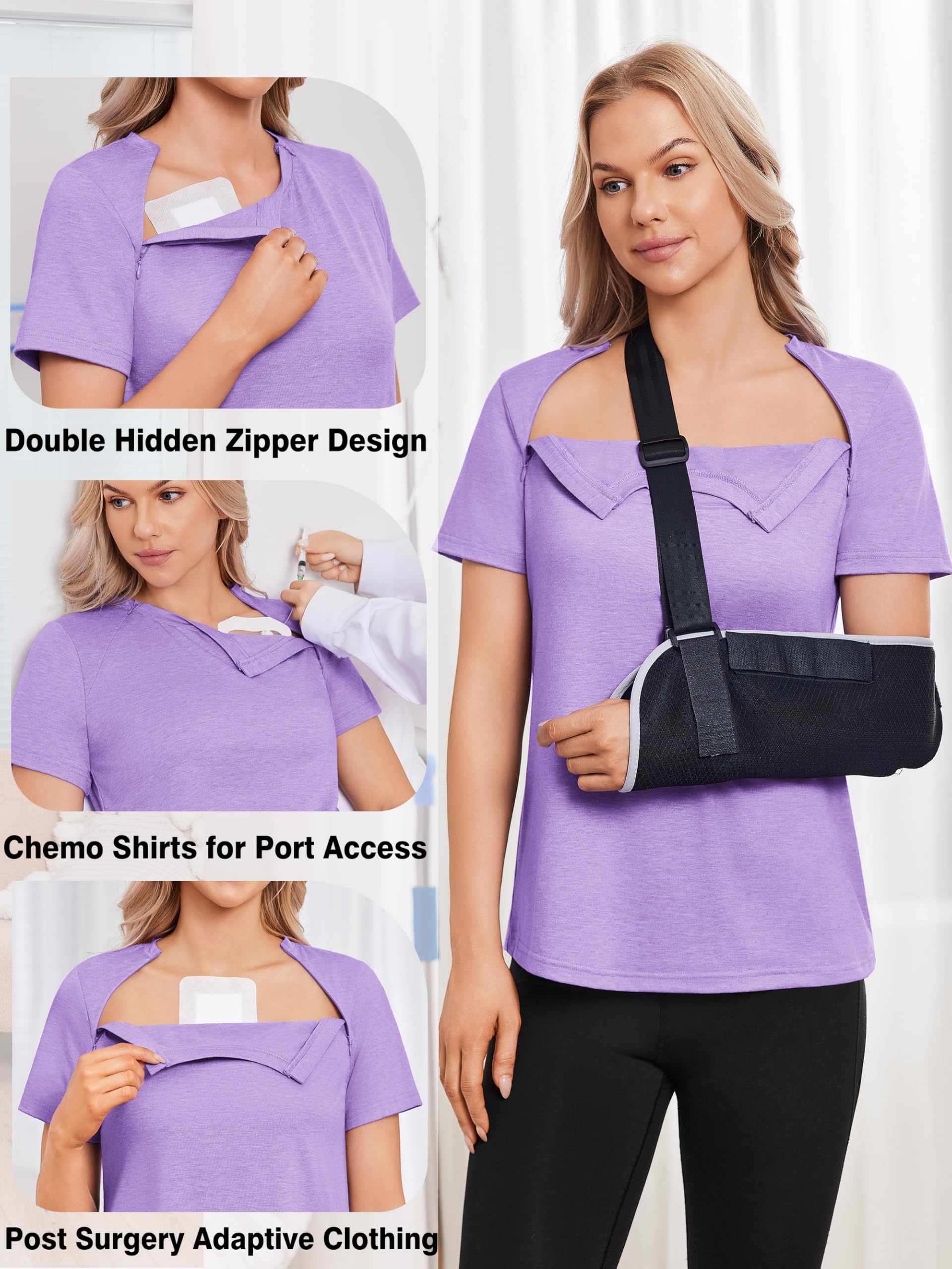 Deyeek Chemo Shirts for Port Access Women with 2 Hidden Side Zippers Post Surgery Short Sleeve Tear Away Adaptive Top Tees