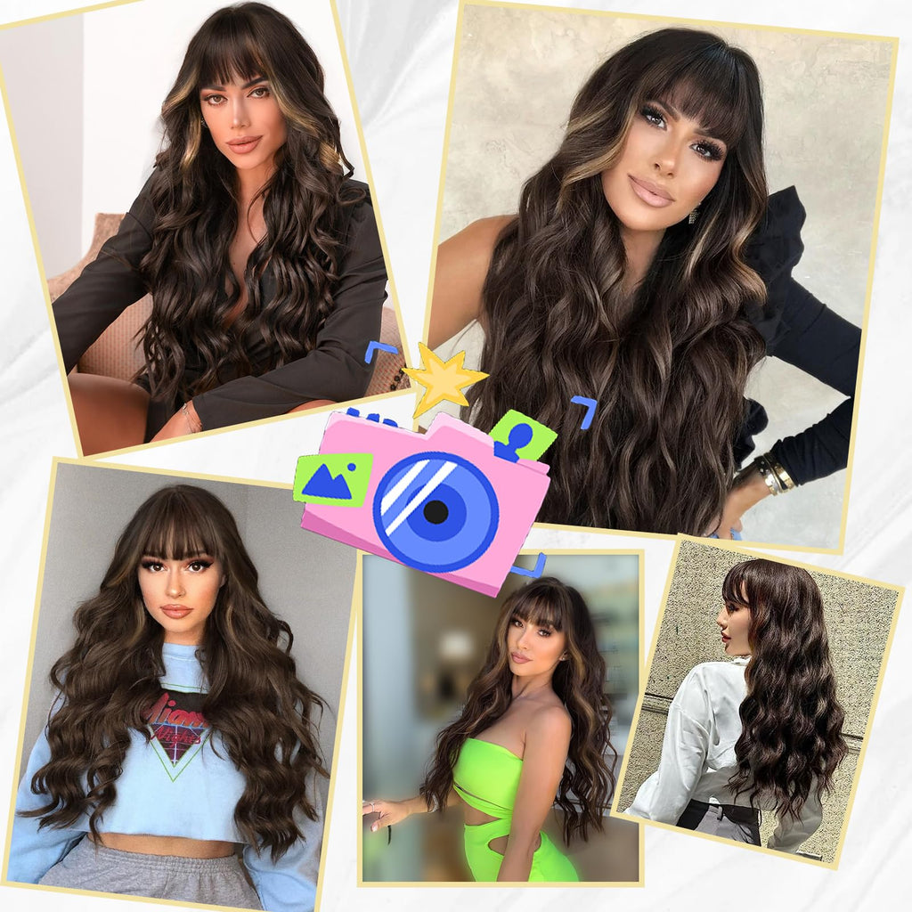 Lativ Ombre Blonde Brown Wig with Bangs Long Wavy Curly Wig with Brown End