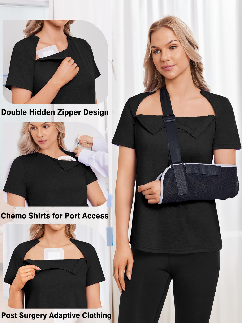 Deyeek Chemo Shirts for Port Access Women with 2 Hidden Side Zippers Post Surgery Short Sleeve Tear Away Adaptive Top Tees