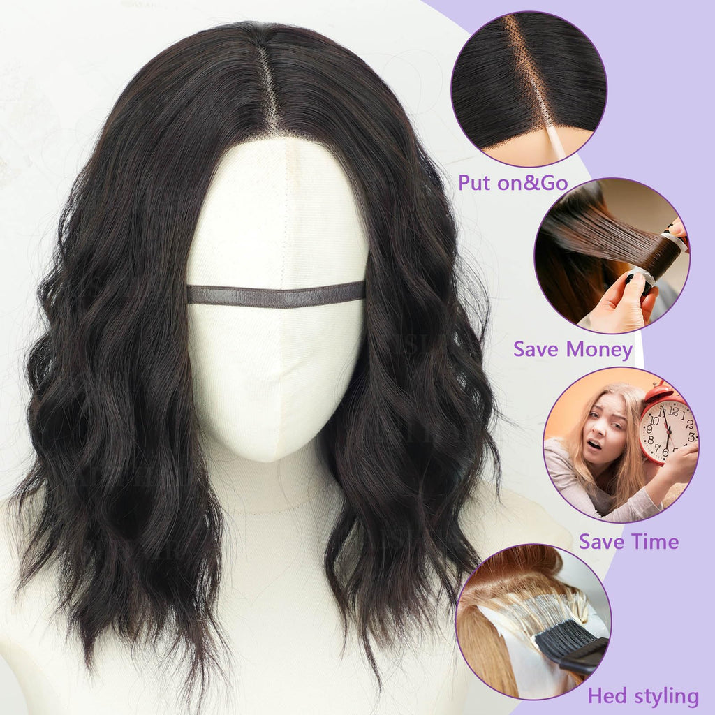 AISI HAIR 14Inch Dark to Light Blonde Wig for Women,Wave Synthetic Lace Wig