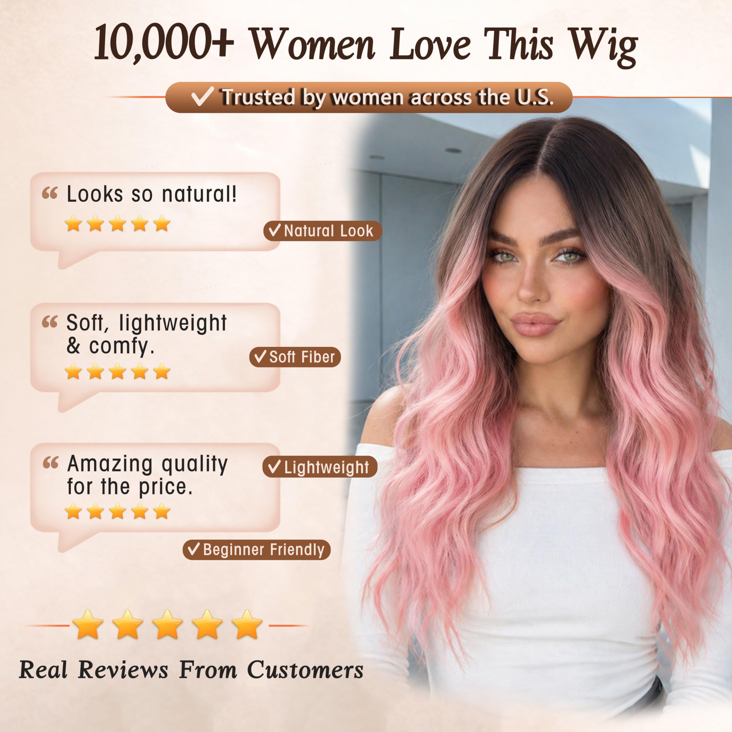 Nnzes Long Brown Mixed Blonde Wavy Wig 4x1 Lace Natural Hairline Middle Part Curly Heat-Resistant Synthetic Fiber for Women & Beginners Daily Party Use 26In