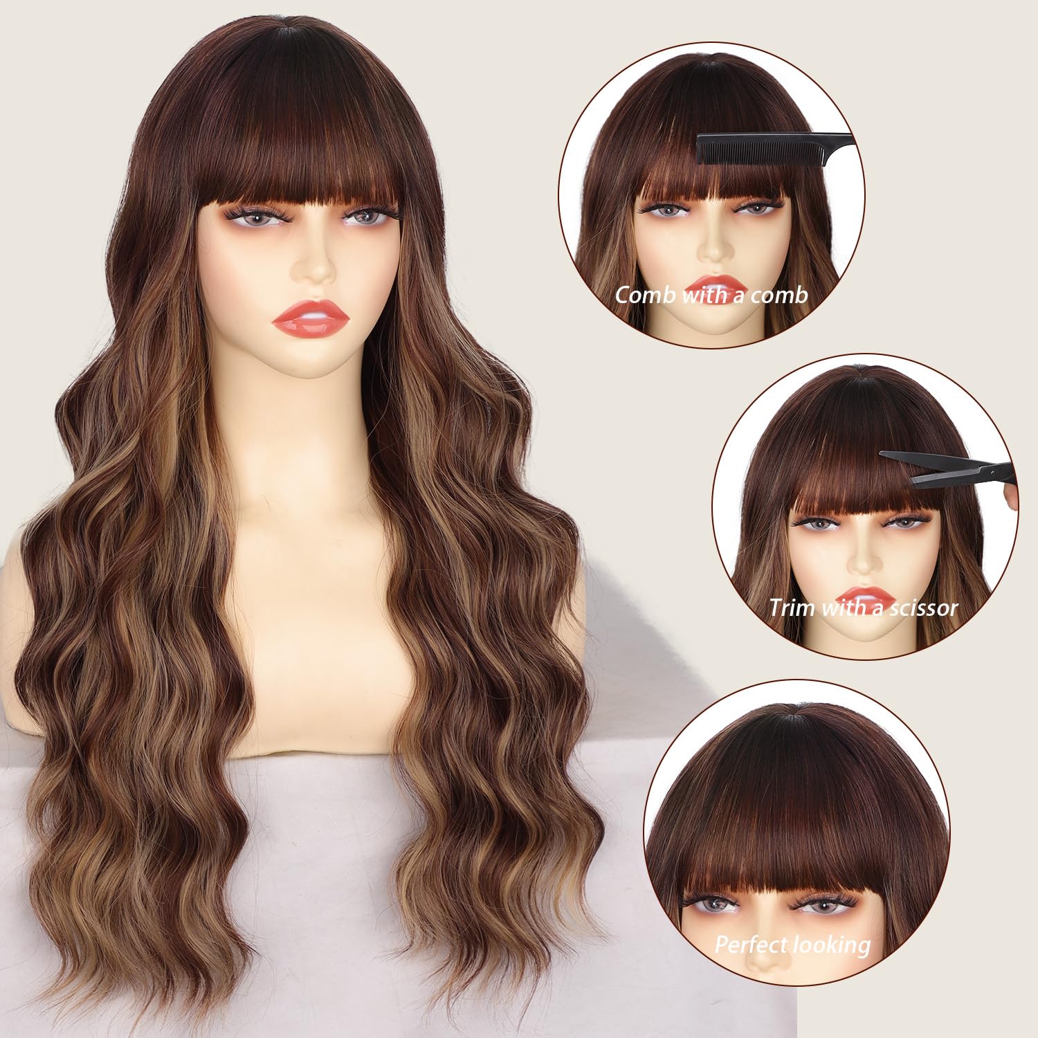 Lativ Ombre Blonde Brown Wig with Bangs Long Wavy Curly Wig with Brown End