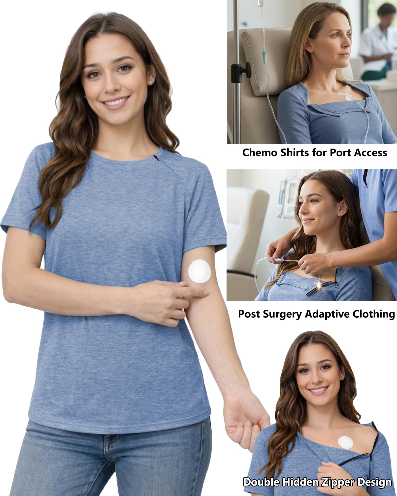 Youdiao Chemo Shirts for Port Access Women Post Shoulder Surgery Shirts with 2 Hidden Side Zippers Short Sleeve Tear Away Top