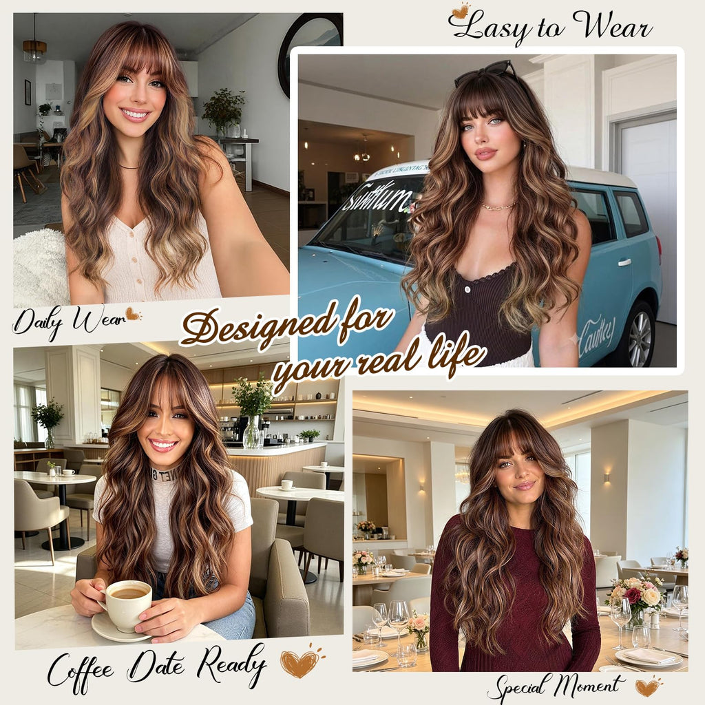Lativ Ombre Blonde Brown Wig with Bangs Long Wavy Curly Wig with Brown End