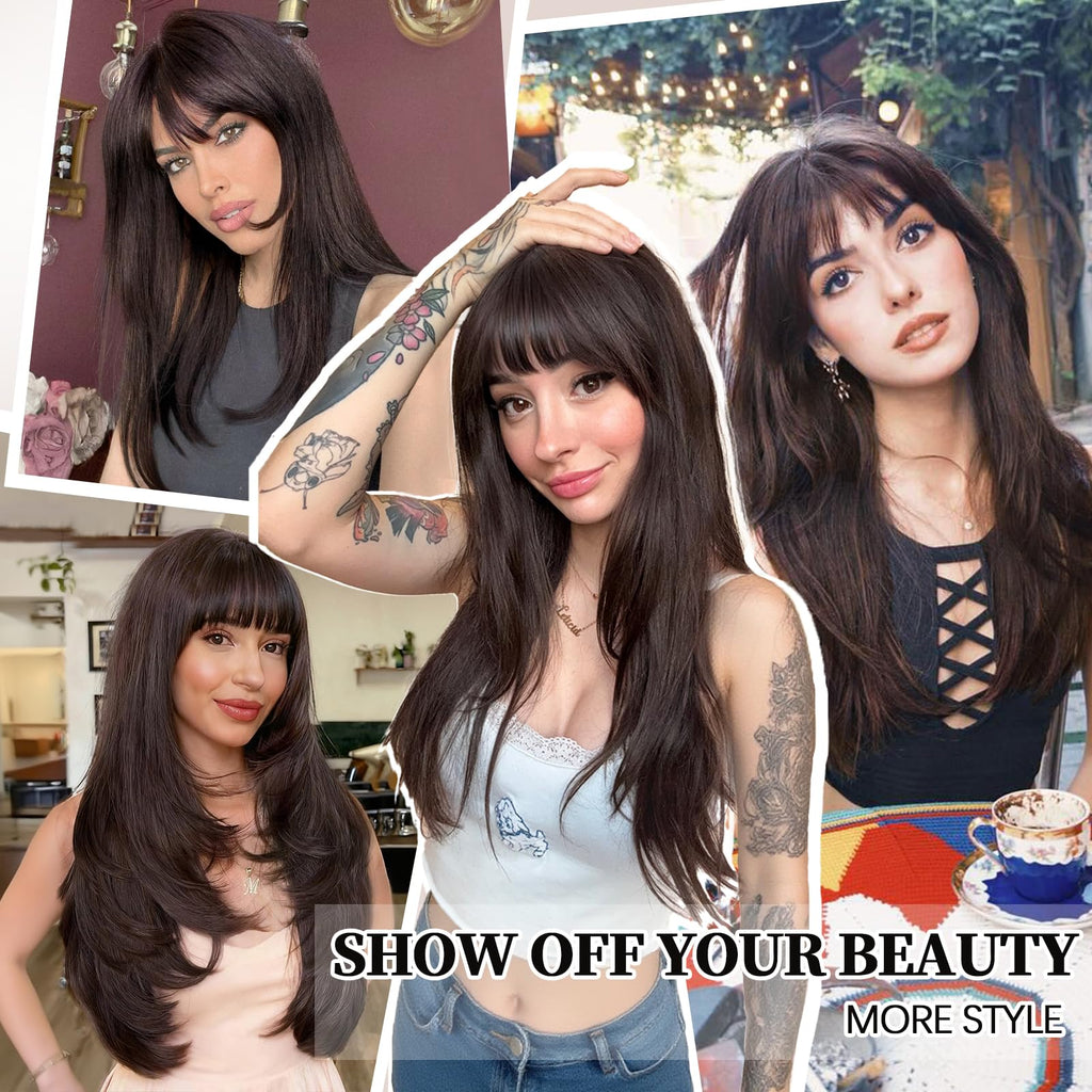 XIXIBI Wig with Bangs for Women,Long Straight,Brown Blonde Highlight