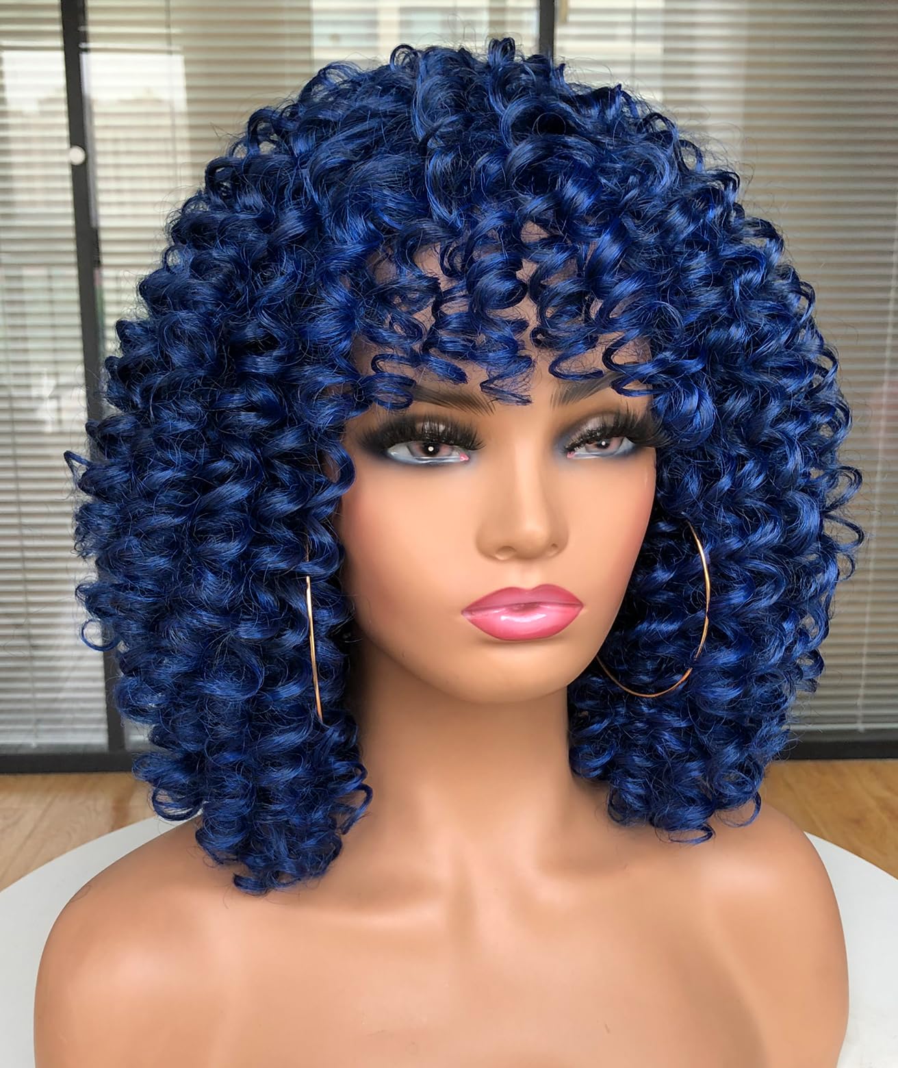 Curly Afro Wigs for Black Women Kinky Curly Wig with Bangs Synthetic Fiber Natural Looking Glueless Hair for Daily Wear