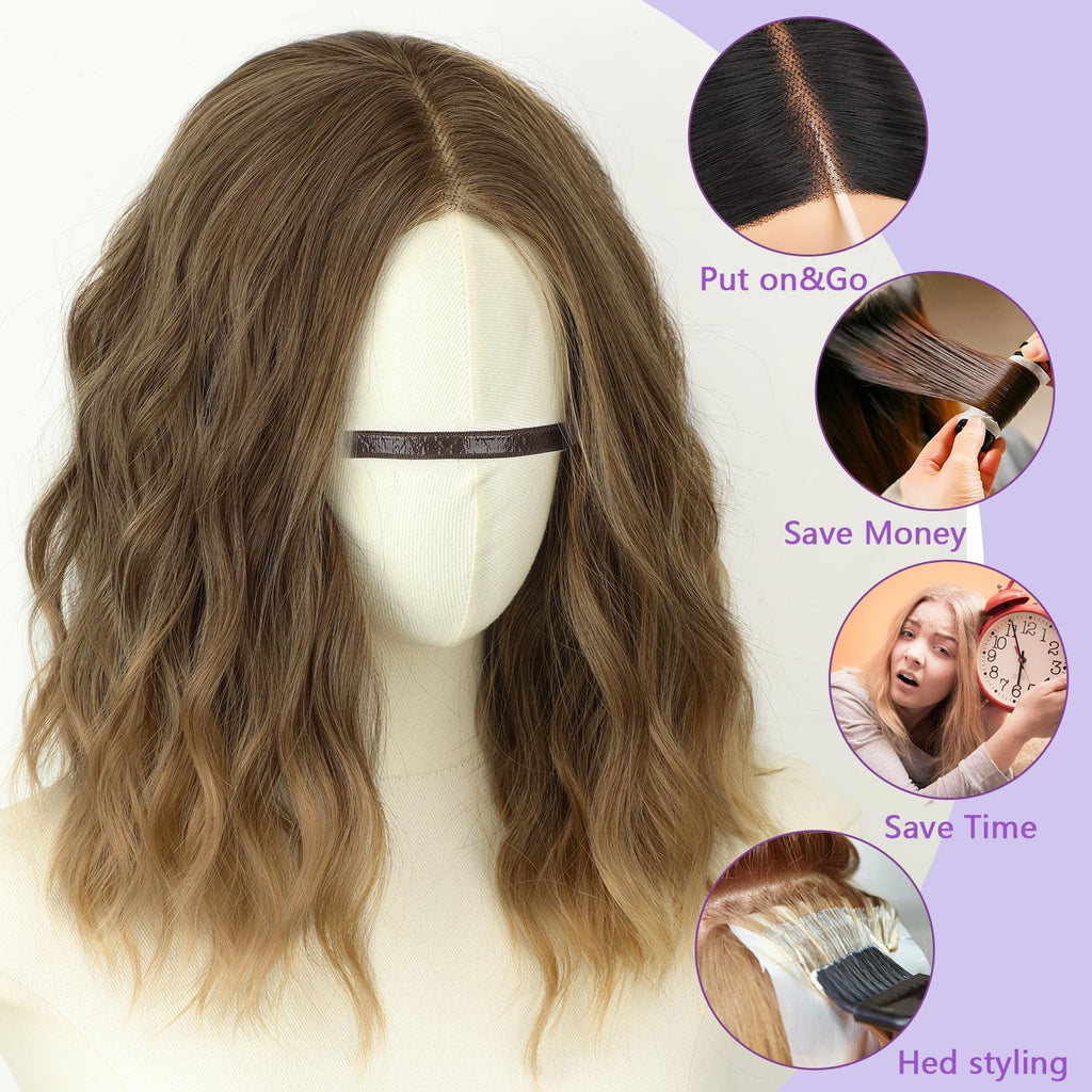 AISI HAIR 14Inch Dark to Light Blonde Wig for Women,Wave Synthetic Lace Wig