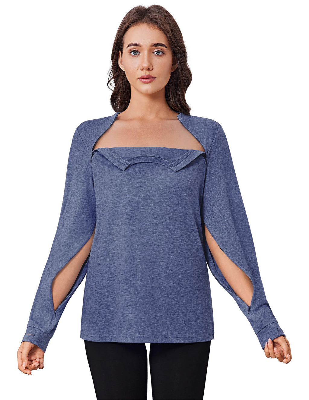 Deyeek Chemo Shirts for Port Access Women Long Sleeve Shoulder Post Surgery Shirt Dialysis Sweatshirts with Arm Zipper
