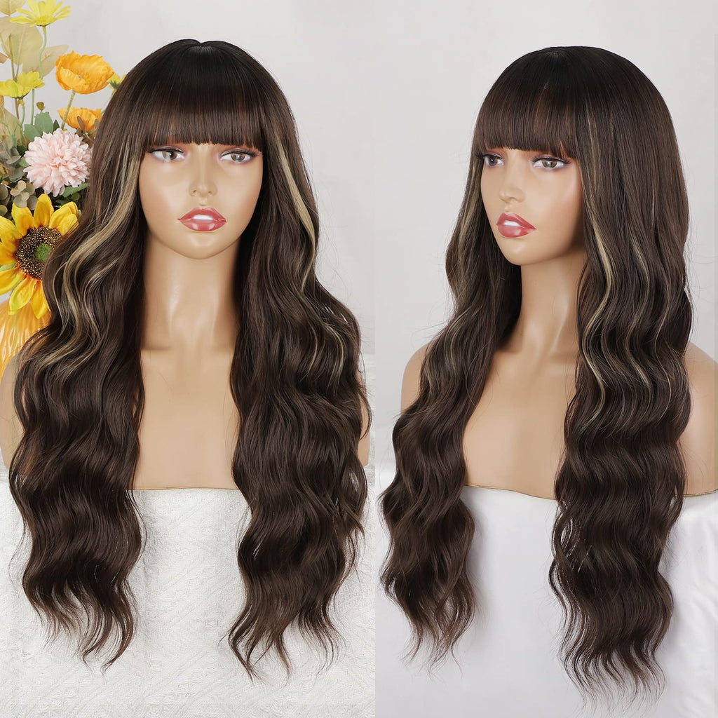 Lativ Ombre Blonde Brown Wig with Bangs Long Wavy Curly Wig with Brown End