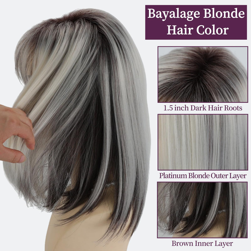 RENERSHOW Ombre Blonde Highlight Layered Bob Wig with Bangs for White Women