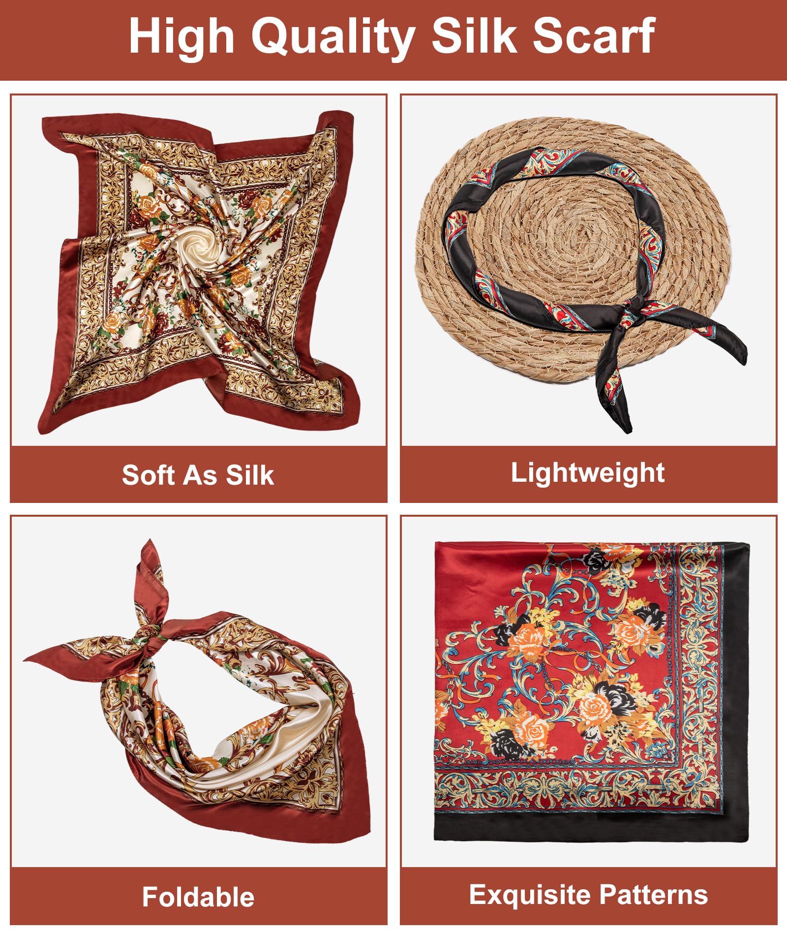 Senker Fashion 2Pcs 35" Silk Head Scarf for Women