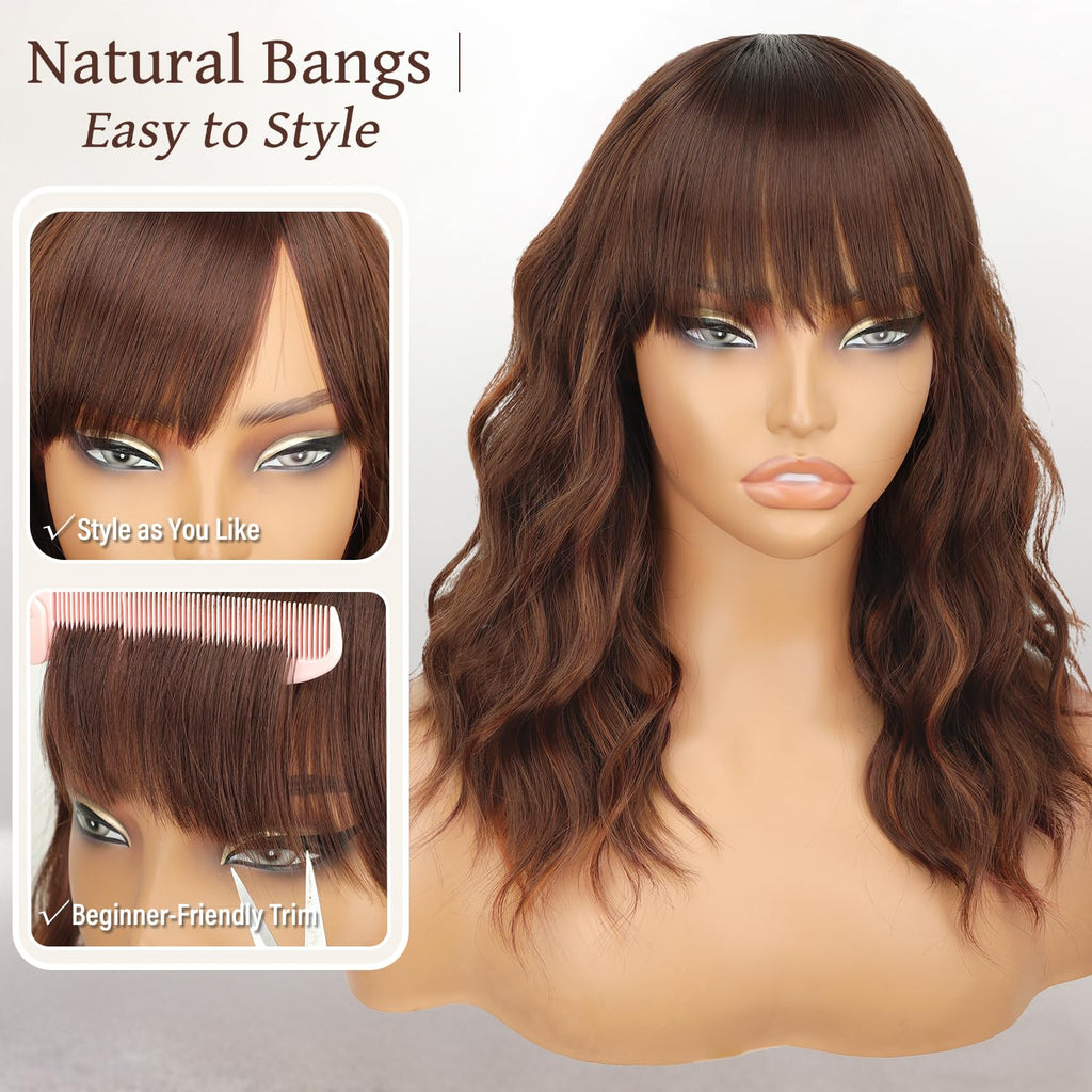 Nnzes Wig with Bangs for Women Shoulder Length Bob Wavy Women's Charming Synthetic Brown mixed Blonde Highlight Wigs with Natural Curly Heat Resistant Hair for Daily Party Use