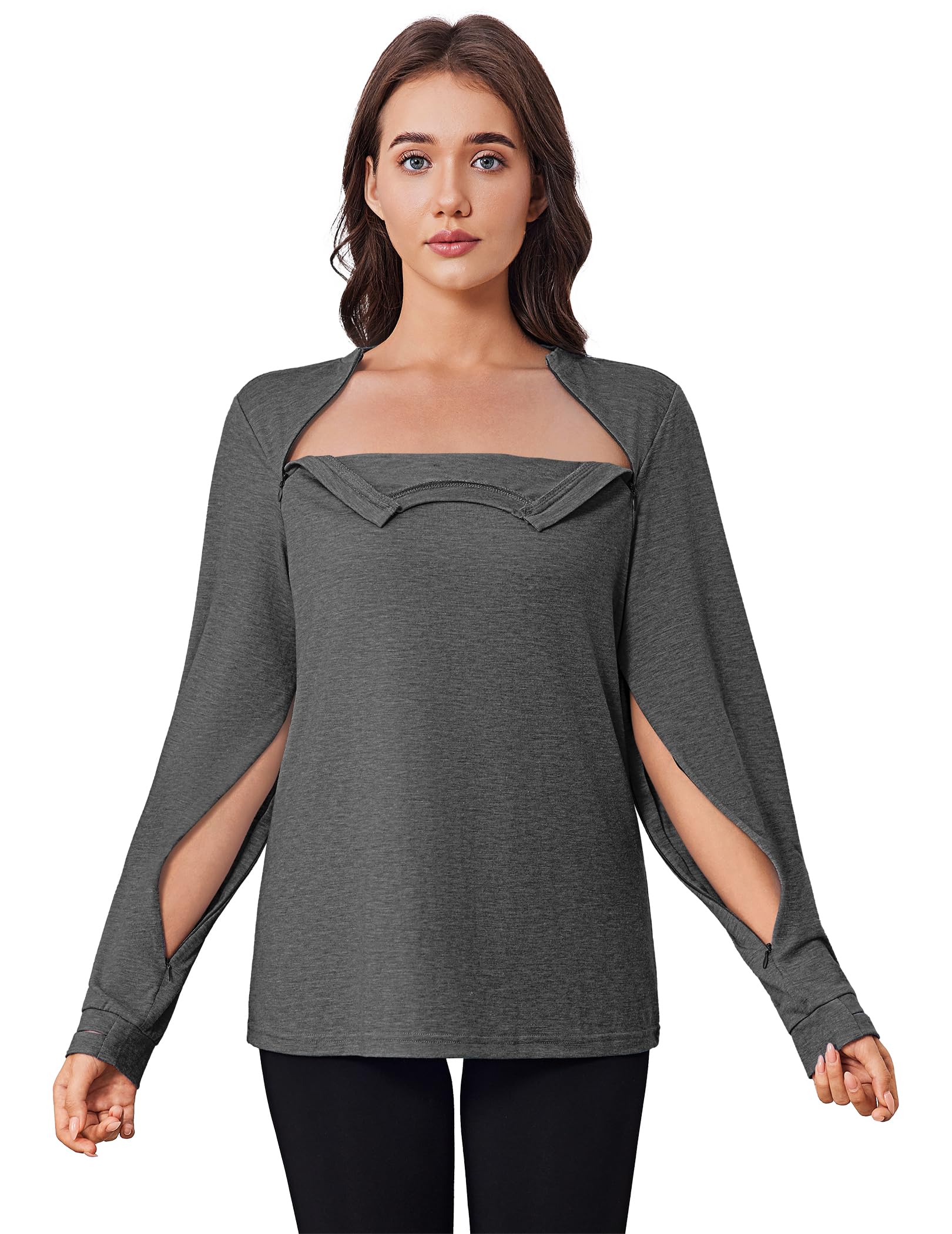 Deyeek Chemo Shirts for Port Access Women Long Sleeve Shoulder Post Surgery Shirt Dialysis Sweatshirts with Arm Zipper