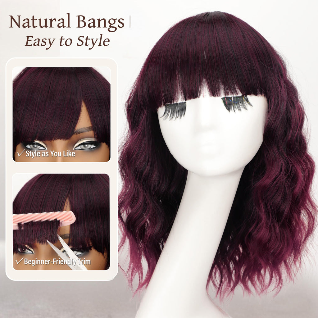 Nnzes Wig with Bangs for Women Shoulder Length Bob Wavy Women's Charming Synthetic Brown mixed Blonde Highlight Wigs with Natural Curly Heat Resistant Hair for Daily Party Use