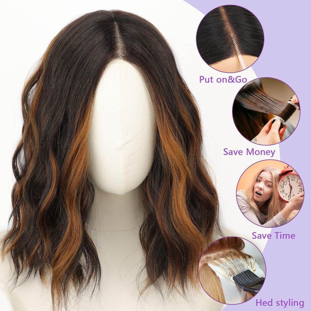 AISI HAIR 14Inch Dark to Light Blonde Wig for Women,Wave Synthetic Lace Wig