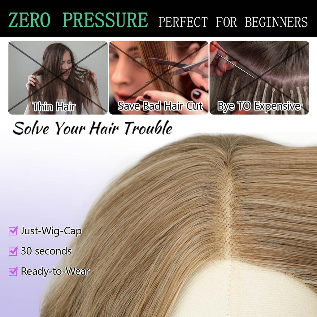 AISI HAIR 14Inch Dark to Light Blonde Wig for Women,Wave Synthetic Lace Wig