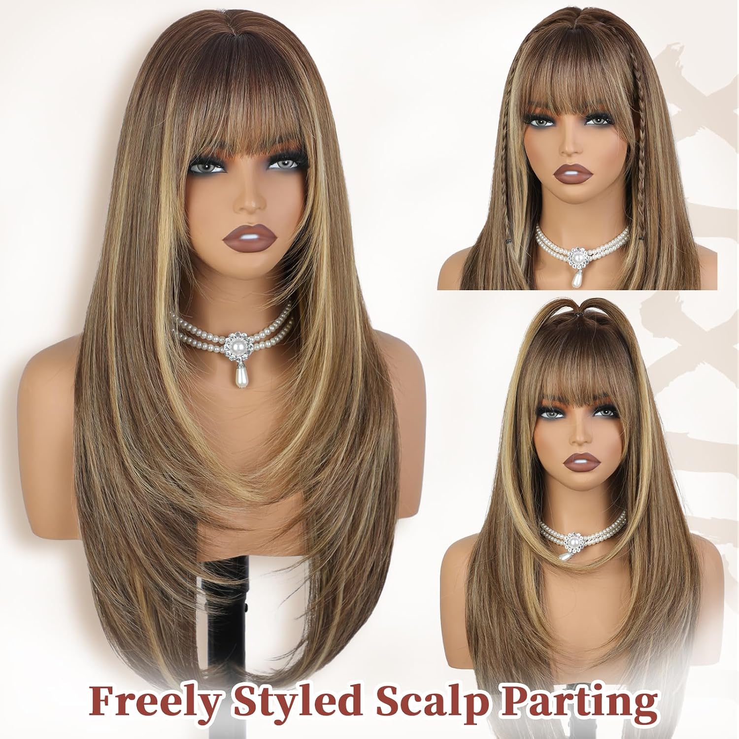 XIXIBI Wig with Bangs for Women,Long Straight,Brown Blonde Highlight