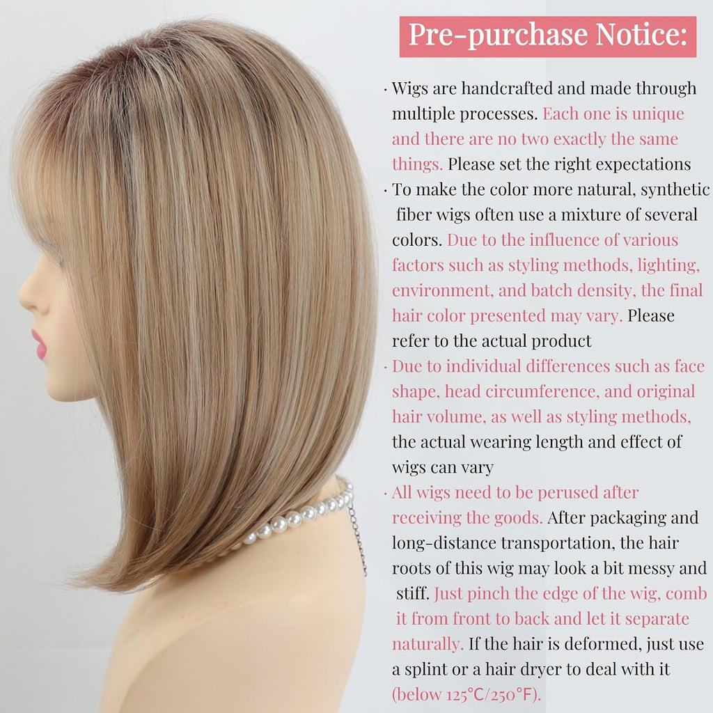 RENERSHOW Ombre Blonde Highlight Layered Bob Wig with Bangs for White Women