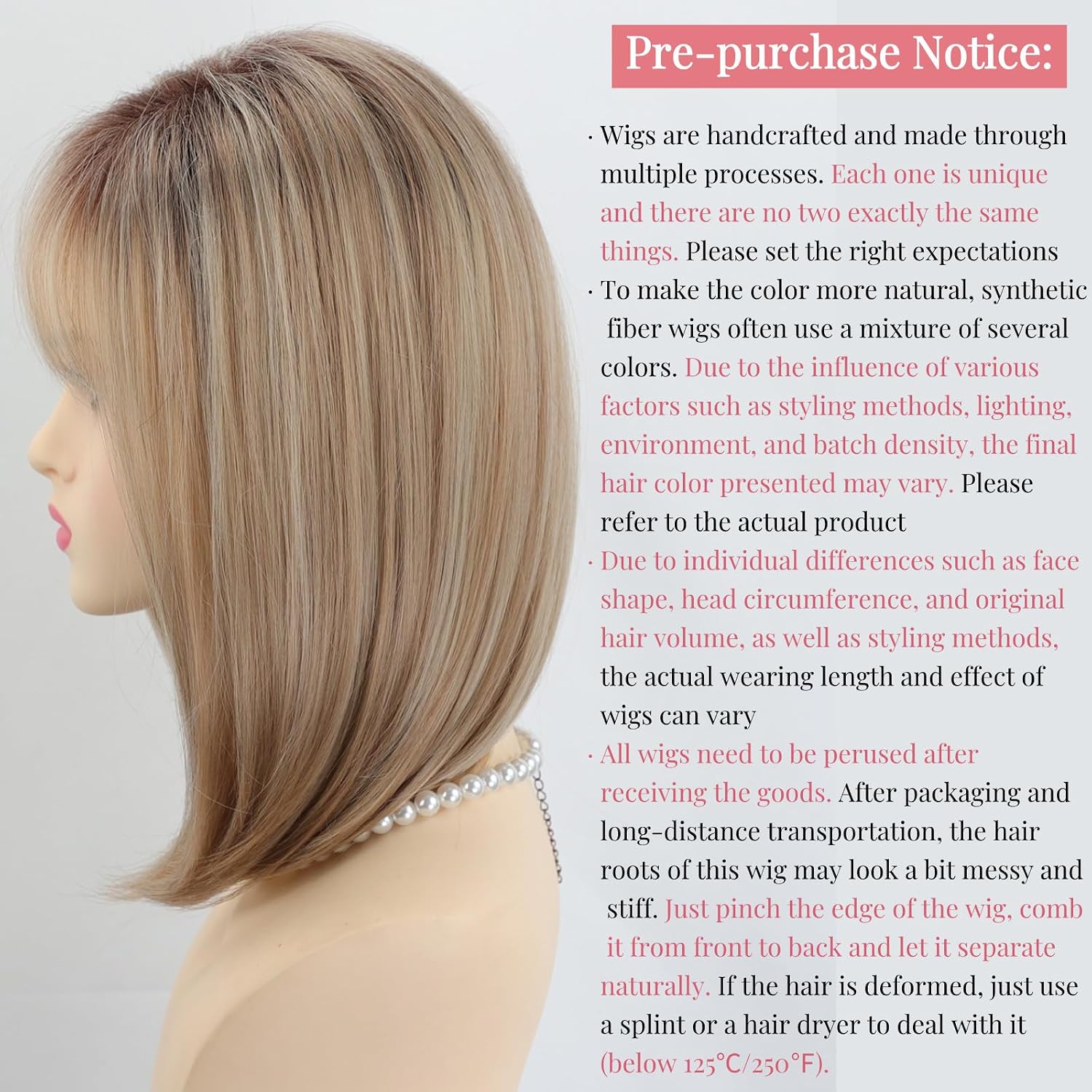 RENERSHOW Ombre Blonde Highlight Layered Bob Wig with Bangs for White Women