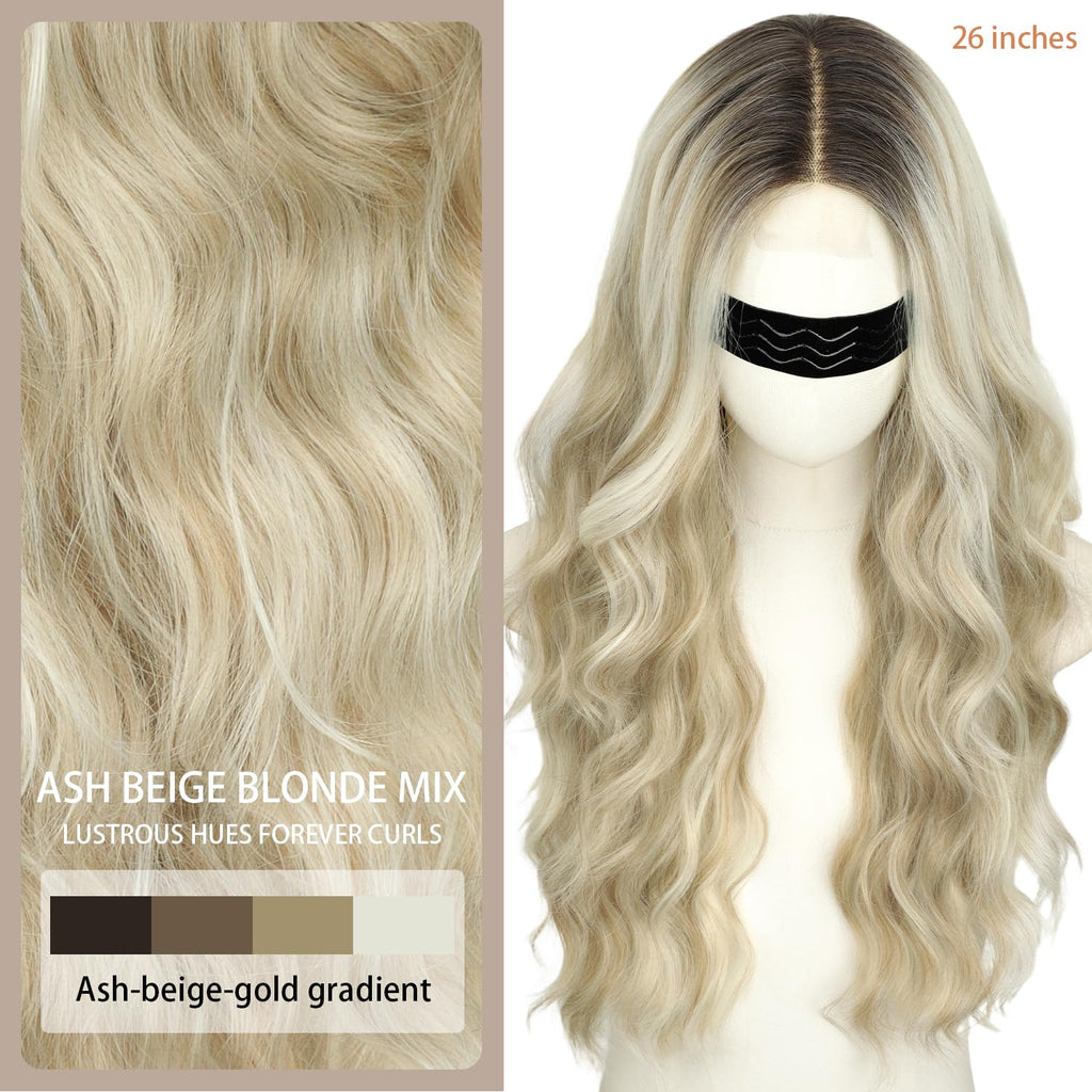 Nnzes Long Brown Mixed Blonde Wavy Wig 4x1 Lace Natural Hairline Middle Part Curly Heat-Resistant Synthetic Fiber for Women & Beginners Daily Party Use 26In