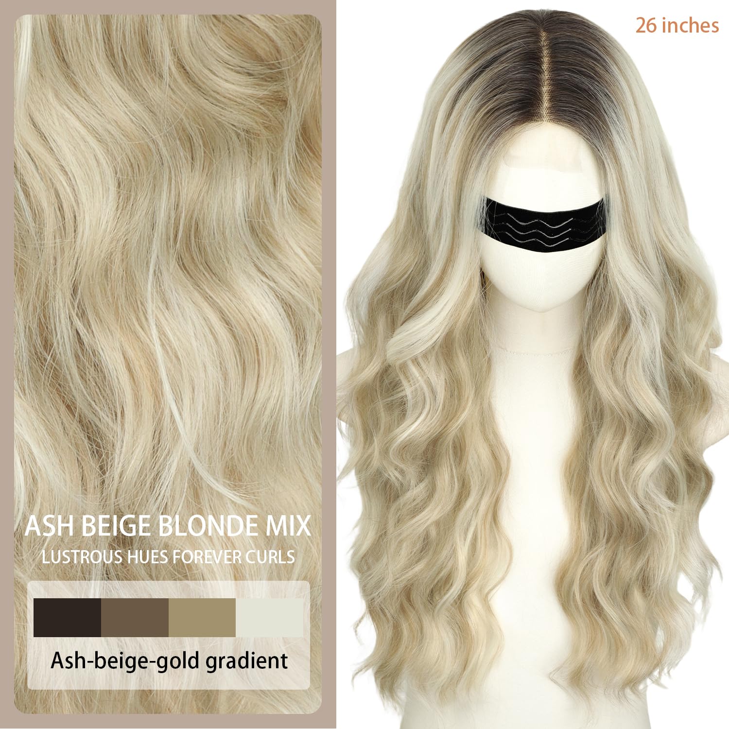 Nnzes Long Brown Mixed Blonde Wavy Wig 4x1 Lace Natural Hairline Middle Part Curly Heat-Resistant Synthetic Fiber for Women & Beginners Daily Party Use 26In