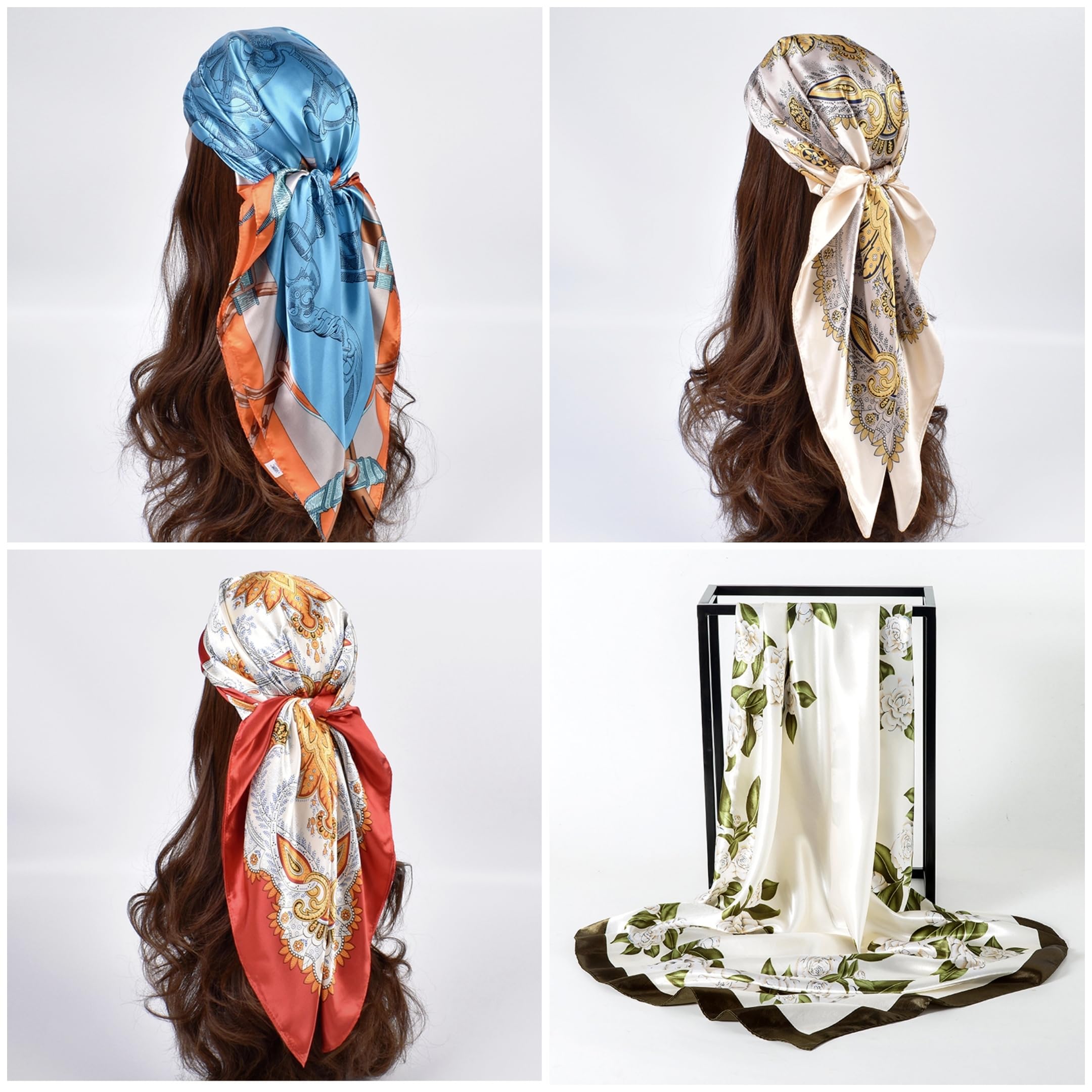 Ciormis 35" Silk Head Scarf for Women, 4 Pcs Satin Hair Scarf Square Silk Bandana Top Neck Scarves Hair Wraps for Sleeping