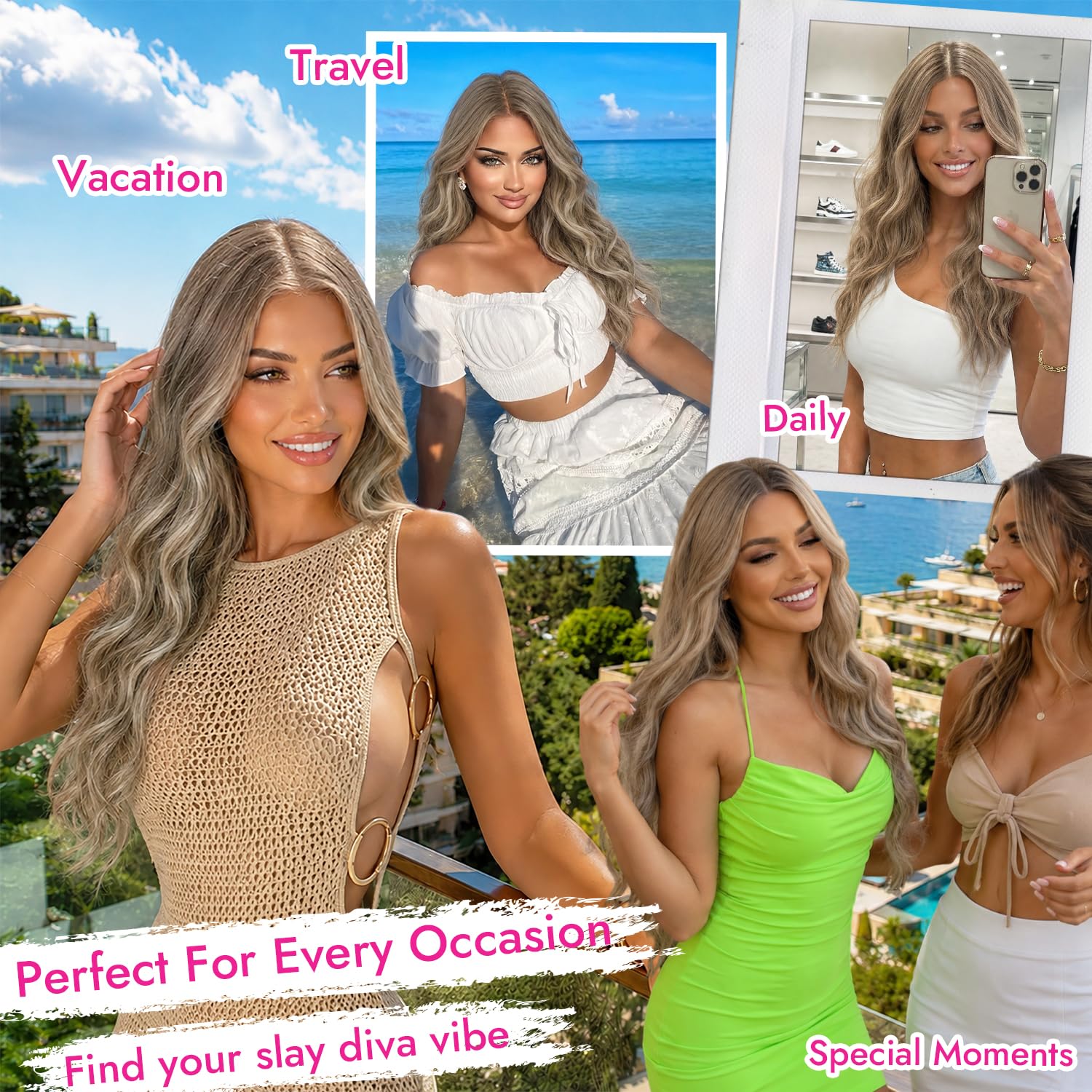 Nnzes Long Brown Mixed Blonde Wavy Wig 4x1 Lace Natural Hairline Middle Part Curly Heat-Resistant Synthetic Fiber for Women & Beginners Daily Party Use 26In