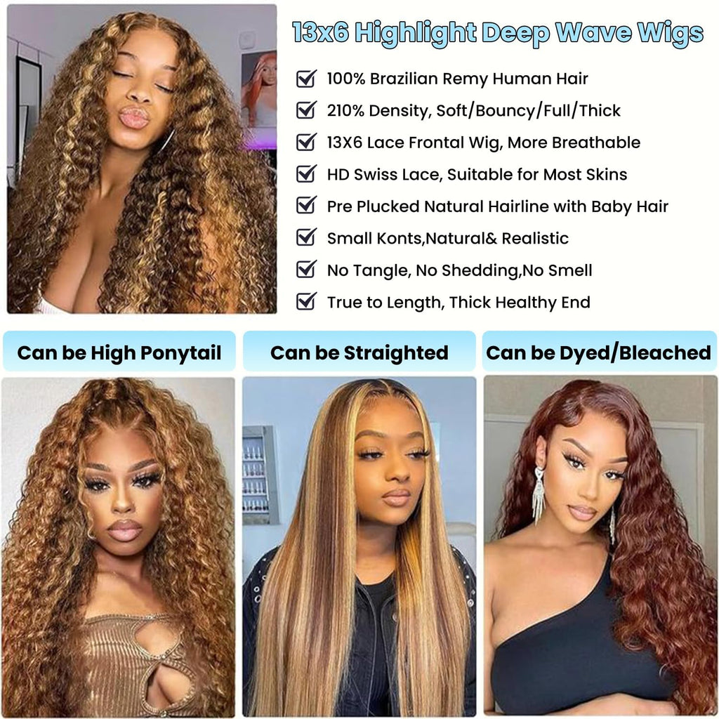 13x6 Deep Wave Lace Front Wigs Human Hair Glueless Wig 200 Density 30 Inch