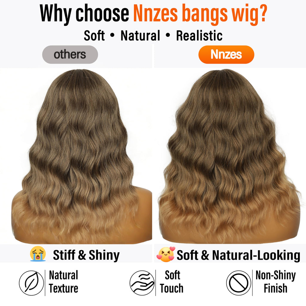 Nnzes Wig with Bangs for Women Shoulder Length Bob Wavy Women's Charming Synthetic Brown mixed Blonde Highlight Wigs with Natural Curly Heat Resistant Hair for Daily Party Use