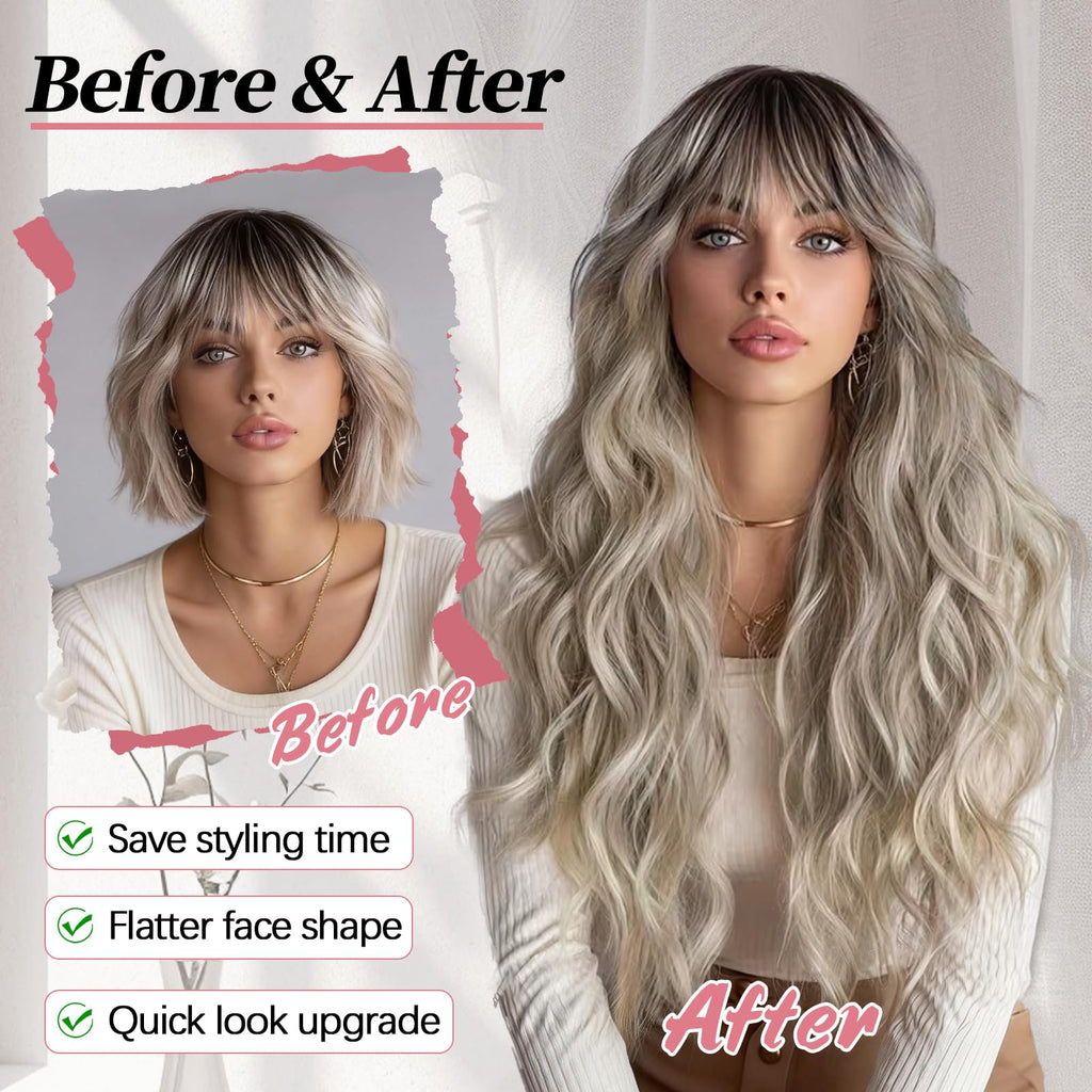Lativ Ombre Blonde Brown Wig with Bangs Long Wavy Curly Wig with Brown End