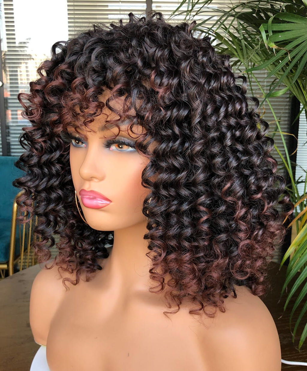 Curly Afro Wigs for Black Women Kinky Curly Wig with Bangs Synthetic Fiber Natural Looking Glueless Hair for Daily Wear
