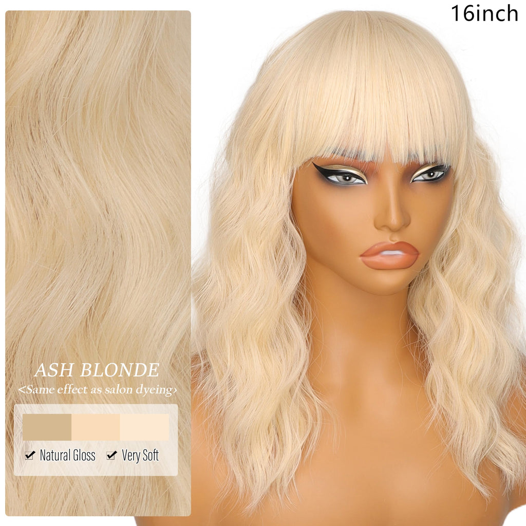 Nnzes Wig with Bangs for Women Shoulder Length Bob Wavy Women's Charming Synthetic Brown mixed Blonde Highlight Wigs with Natural Curly Heat Resistant Hair for Daily Party Use