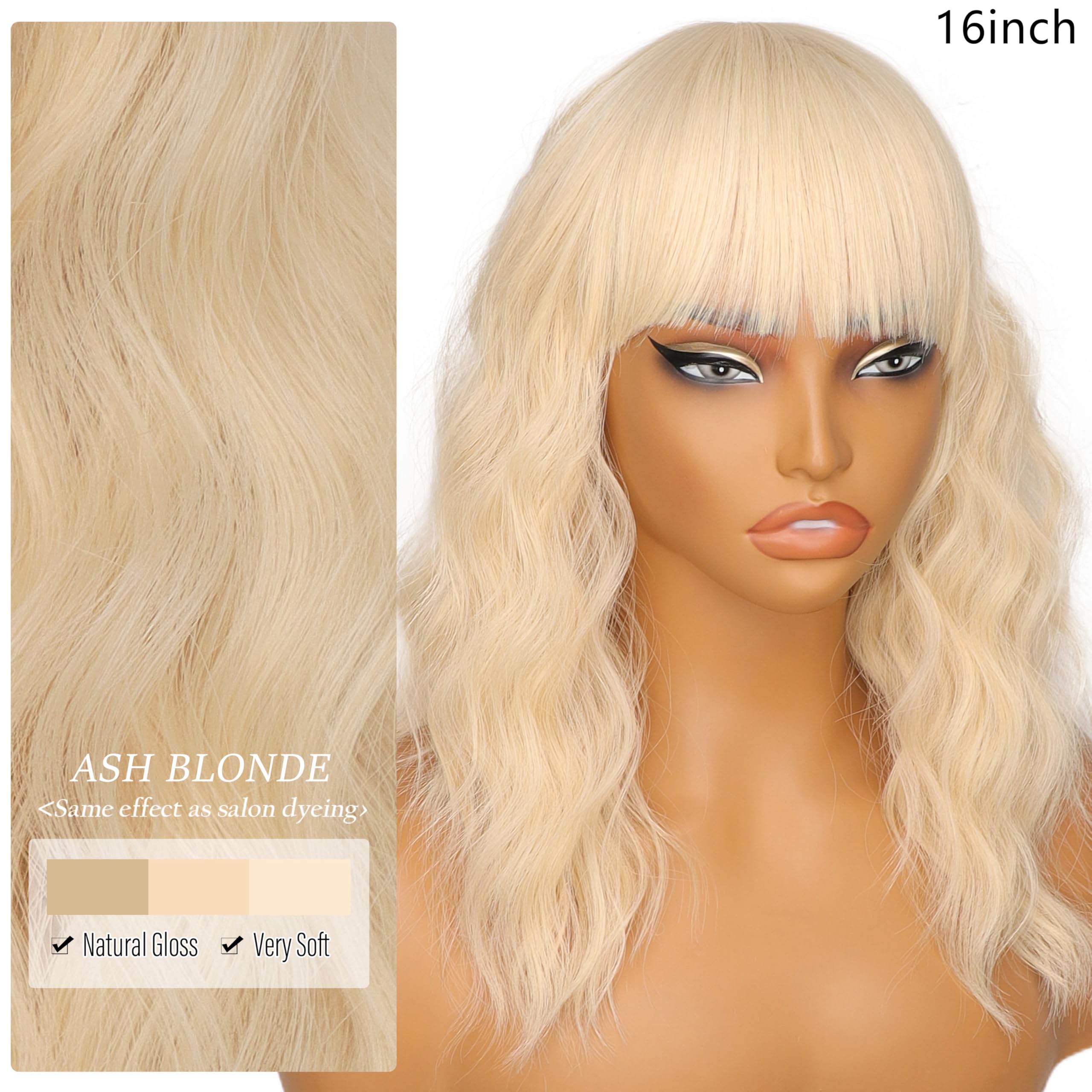 Nnzes Wig with Bangs for Women Shoulder Length Bob Wavy Women's Charming Synthetic Brown mixed Blonde Highlight Wigs with Natural Curly Heat Resistant Hair for Daily Party Use