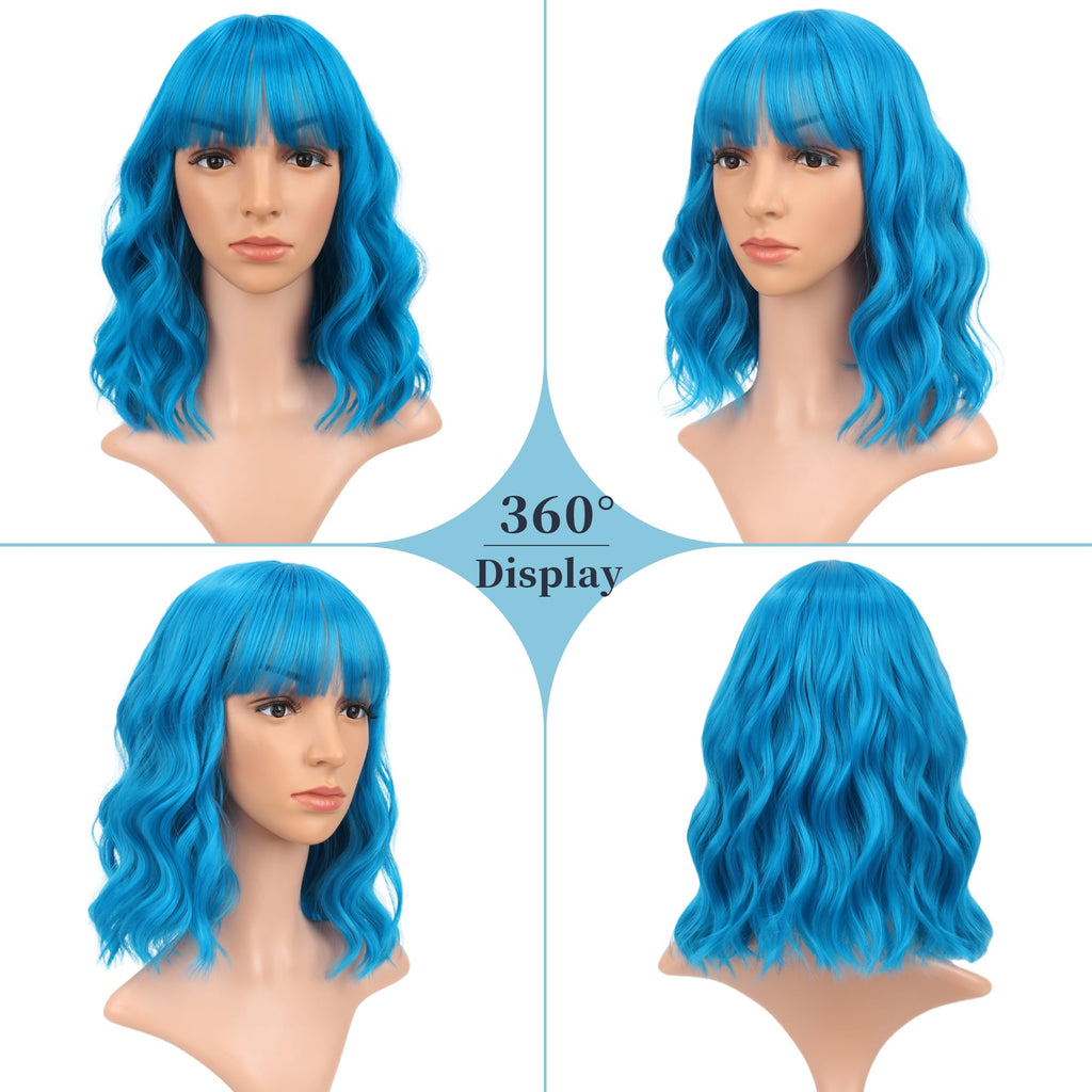 FAELBATY Blonde Wave Short Bob Wigs With Air Bangs Shoulder Length Wig For Women and Girls Curly Wavy Synthetic Cosplay Costume Wig (12" Mix blonde and gold)