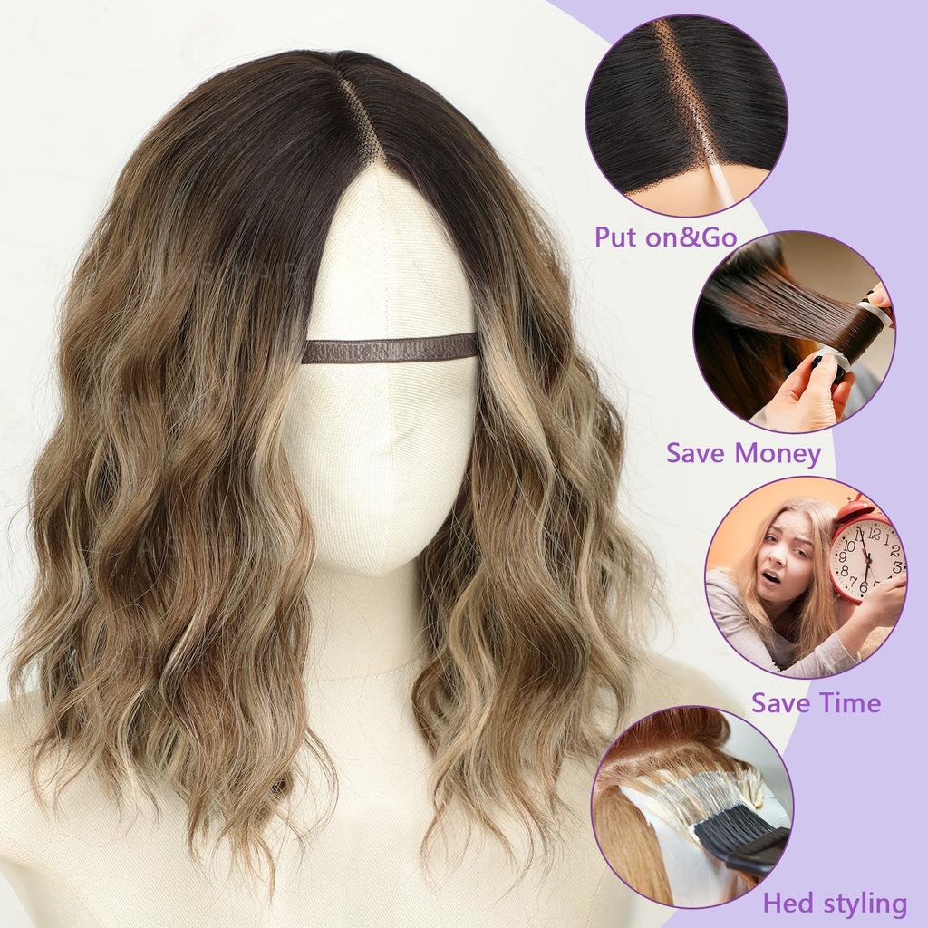 AISI HAIR 14Inch Dark to Light Blonde Wig for Women,Wave Synthetic Lace Wig