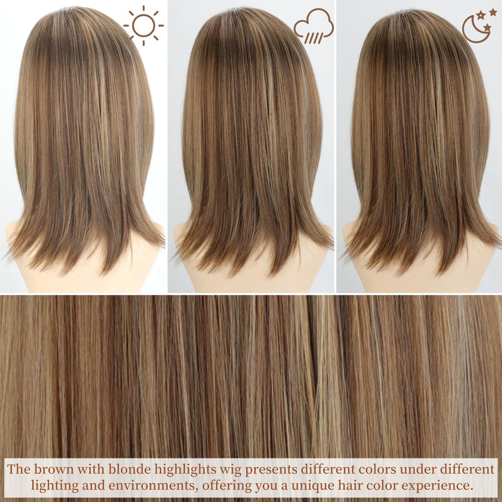 RENERSHOW Ombre Blonde Highlight Layered Bob Wig with Bangs for White Women