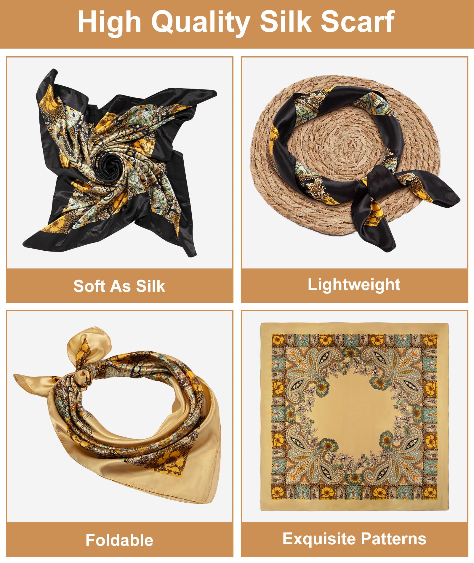 Senker Fashion 2Pcs 35" Silk Head Scarf for Women