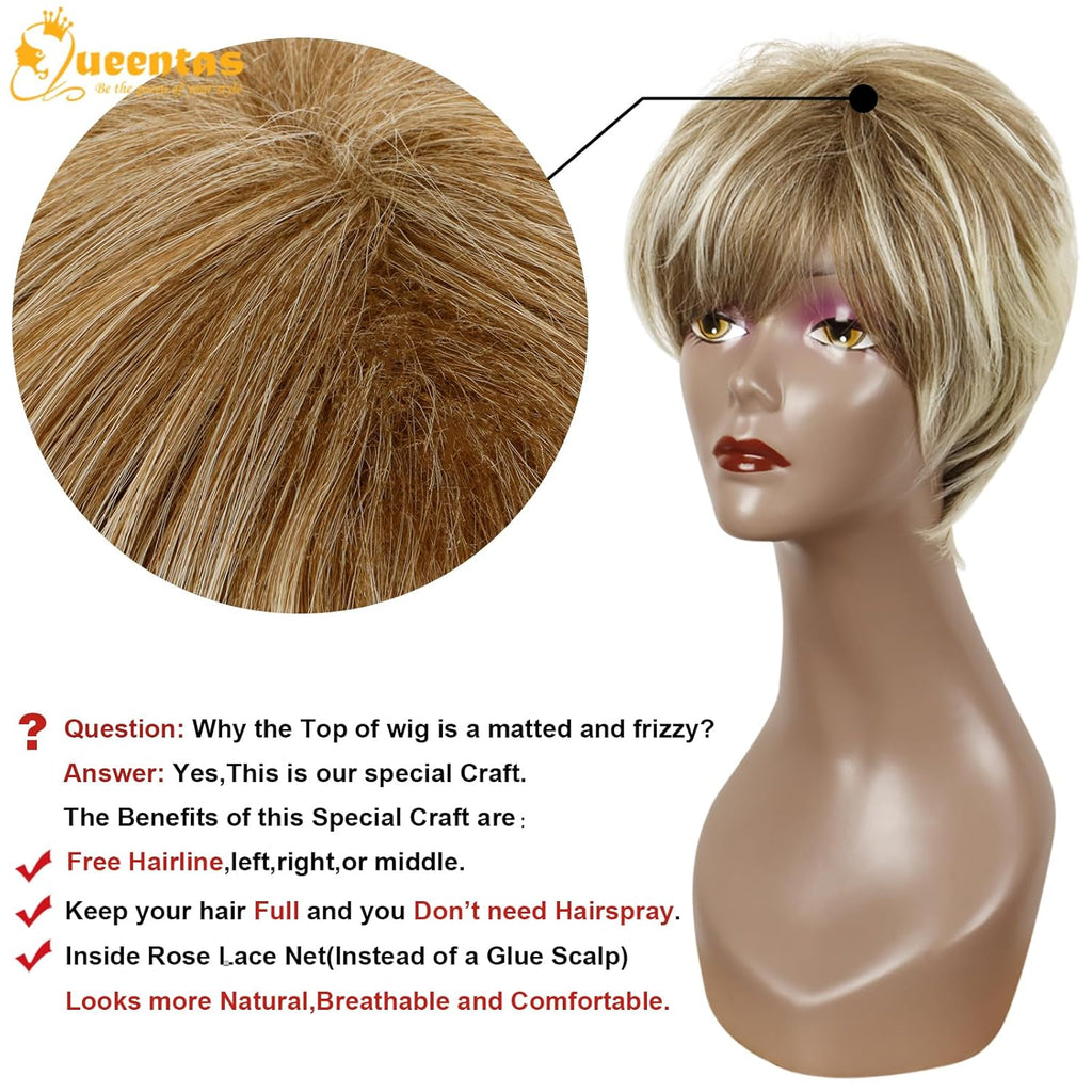 8" Layered Pixie Cut Synthetic Wig for Women Blonde Mixed Brown with Roots
