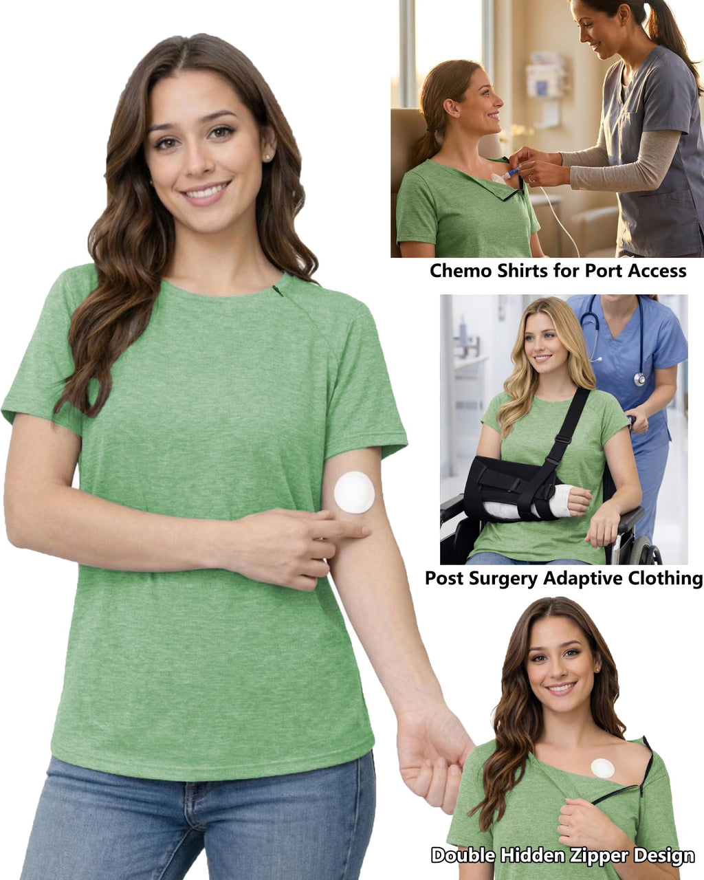Youdiao Chemo Shirts for Port Access Women Post Shoulder Surgery Shirts with 2 Hidden Side Zippers Short Sleeve Tear Away Top