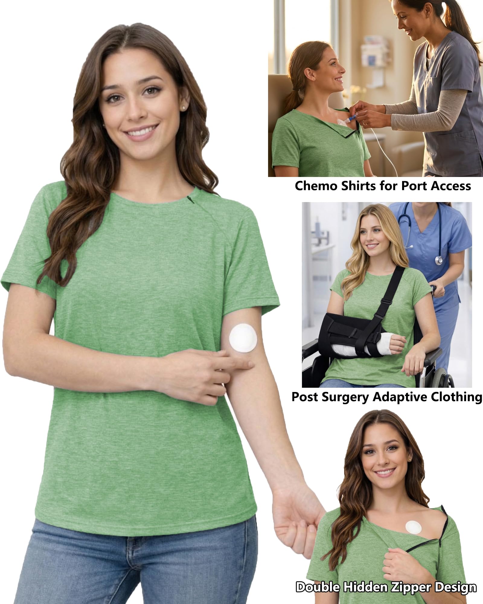 Youdiao Chemo Shirts for Port Access Women Post Shoulder Surgery Shirts with 2 Hidden Side Zippers Short Sleeve Tear Away Top