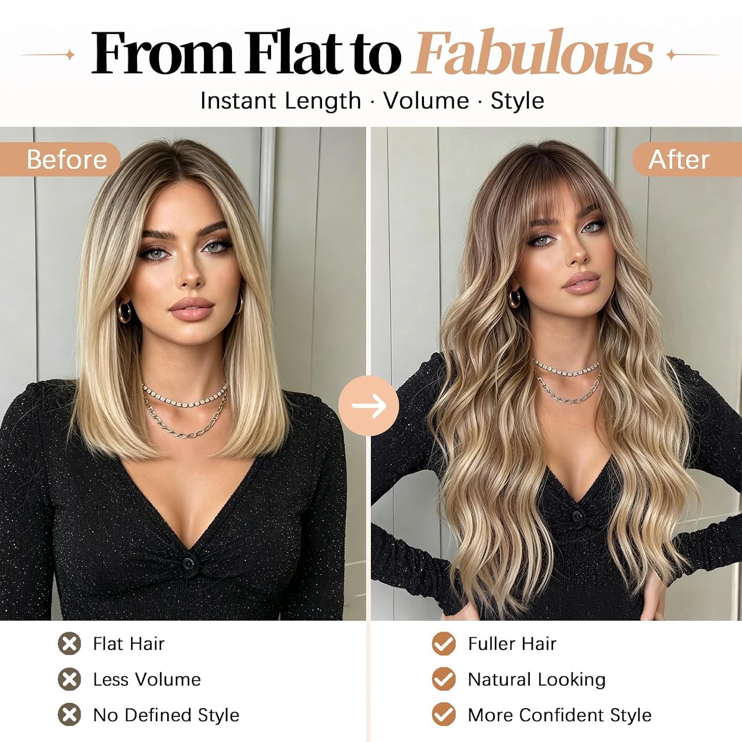Lativ Ombre Blonde Brown Wig with Bangs Long Wavy Curly Wig with Brown End