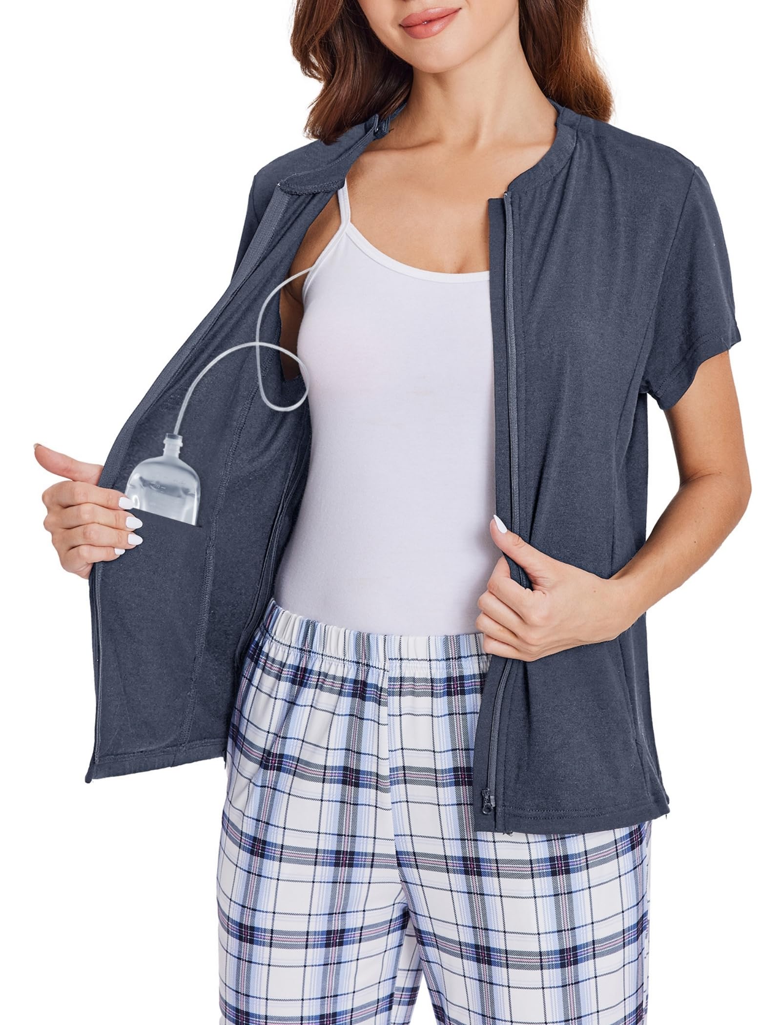 Deyeek Mastectomy Shirts with Drain Pockets Post Shoulder Surgery Tops for Women Chemo Port Short Sleeve with Zippers
