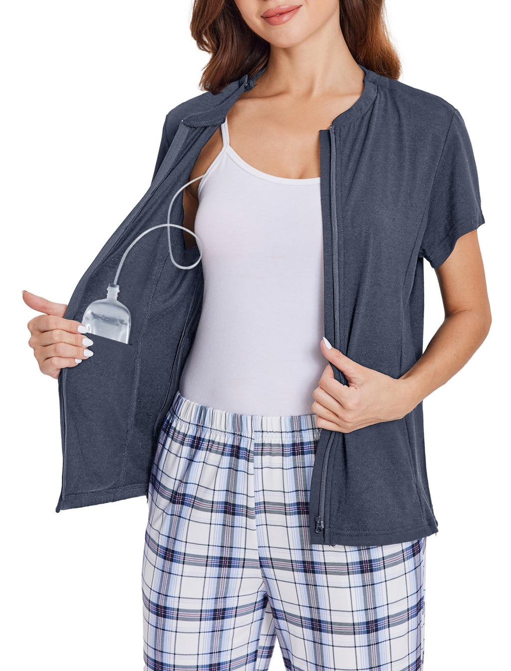 Deyeek Mastectomy Shirts with Drain Pockets Post Shoulder Surgery Tops for Women Chemo Port Short Sleeve with Zippers