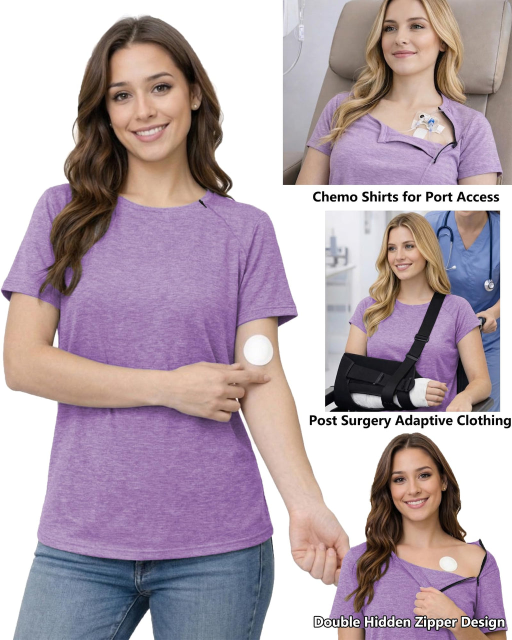Youdiao Chemo Shirts for Port Access Women Post Shoulder Surgery Shirts with 2 Hidden Side Zippers Short Sleeve Tear Away Top