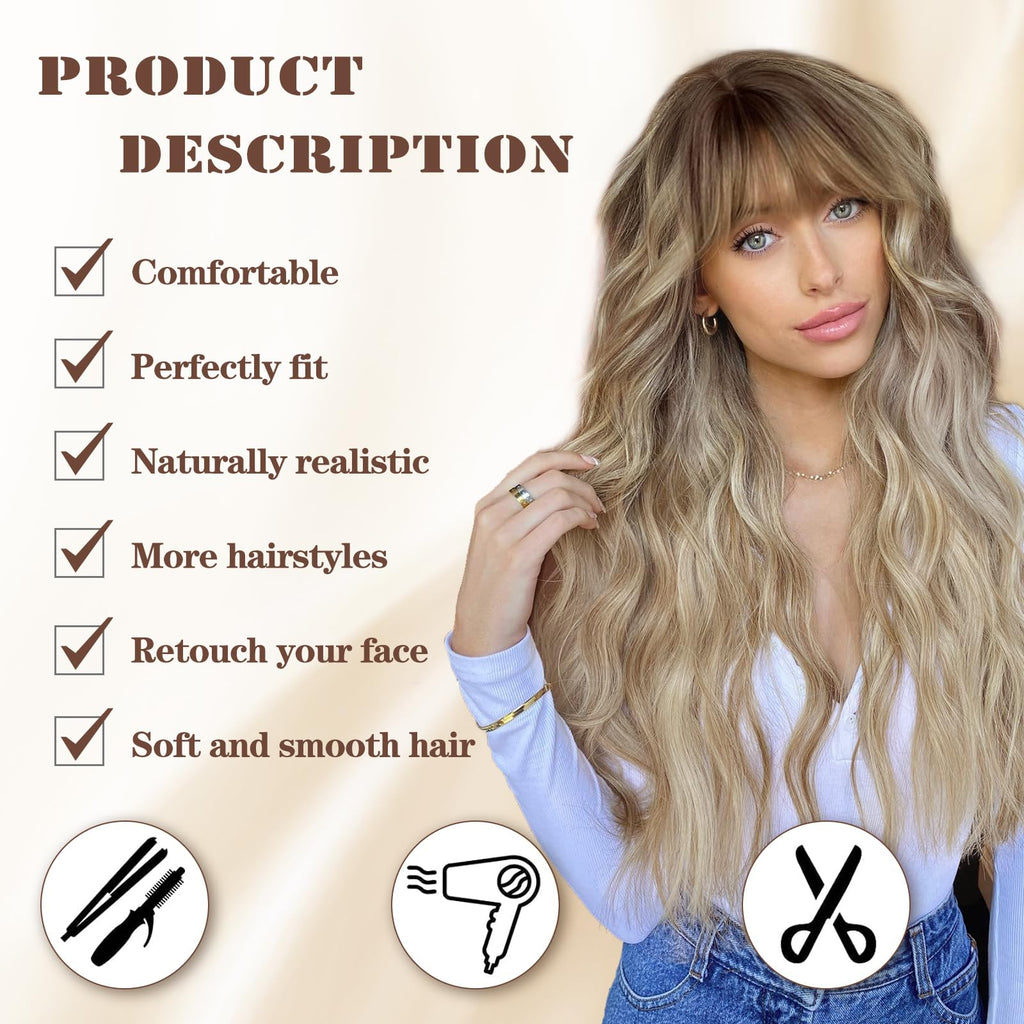 Lativ Ombre Blonde Brown Wig with Bangs Long Wavy Curly Wig with Brown End