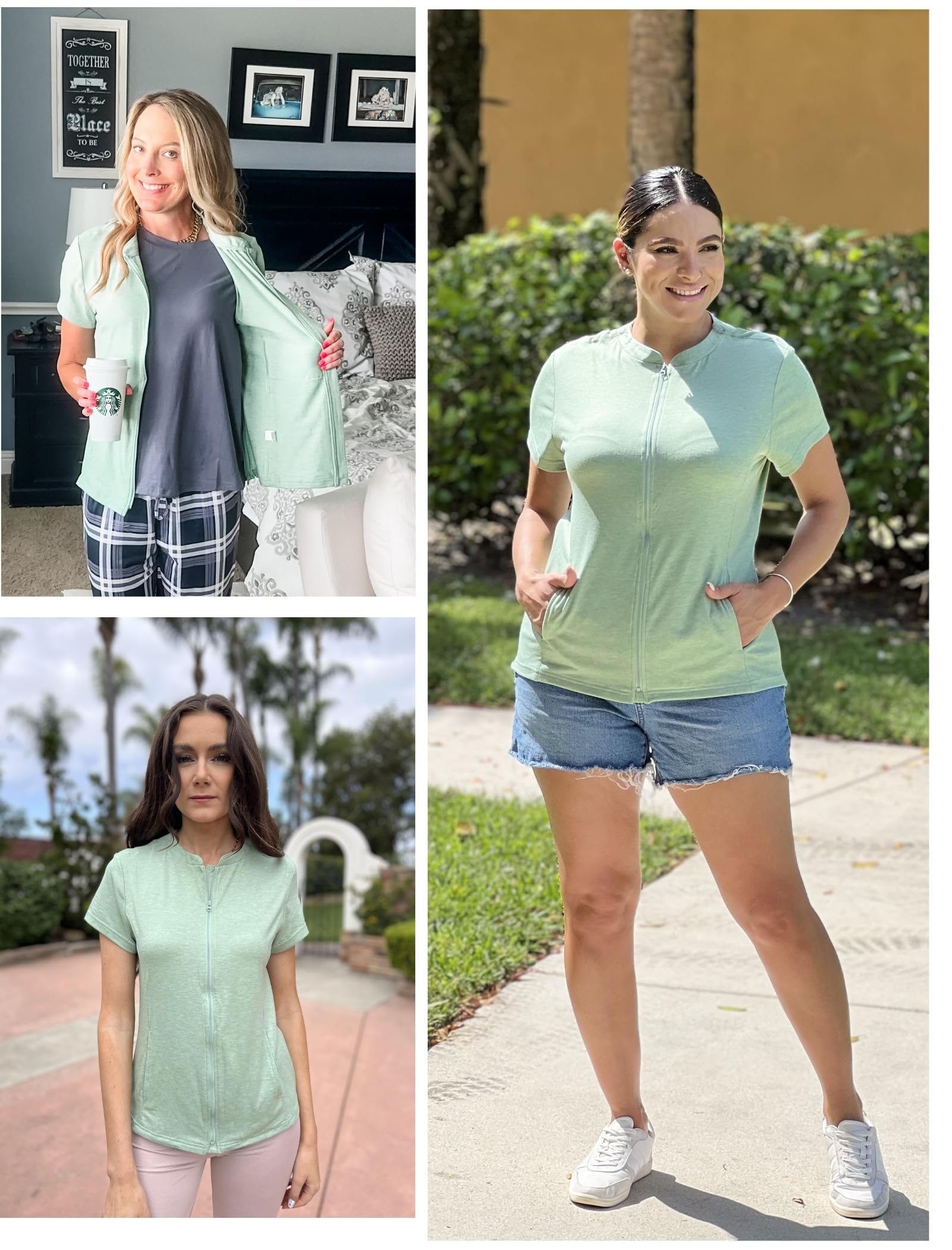 Deyeek Mastectomy Shirts with Drain Pockets Post Shoulder Surgery Tops for Women Chemo Port Short Sleeve with Zippers
