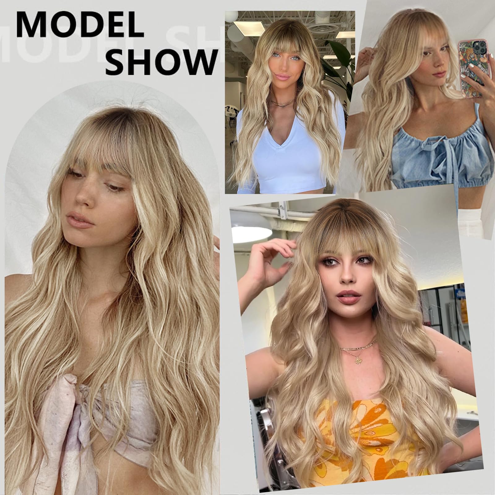 Lativ Ombre Blonde Brown Wig with Bangs Long Wavy Curly Wig with Brown End