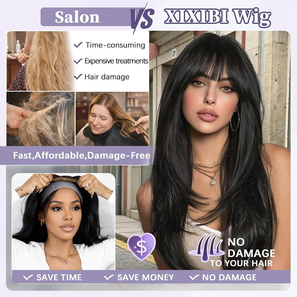 XIXIBI Wig with Bangs for Women,Long Straight,Brown Blonde Highlight